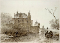 Z 067-46
<br/>
Figuren op een bevroren slotgracht bij een kasteel
<br/>
<em>Schelfhout, Andreas (1787-1870)</em>